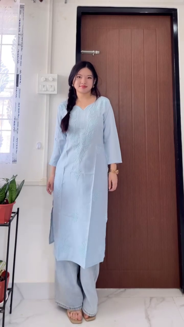 Women's Casual Cotton Embroidered & Printed Straight Kurtis with Three-Quarter Sleeves Paired with Wide-Leg Denim Jeans – Stylish Ethnic Indo-Western Fusion Wear for Everyday Comfort and Elegance