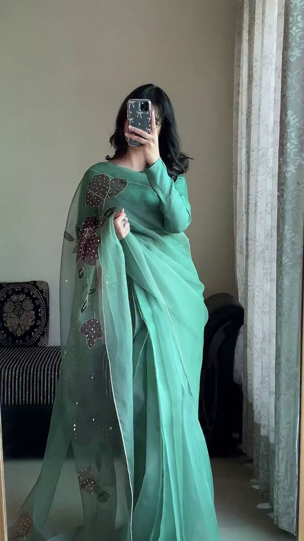 Pastel Green Organza Saree with Hand-Embroidered Floral Motif and Full-Sleeve Blouse – Lightweight Festive Wear for Women
