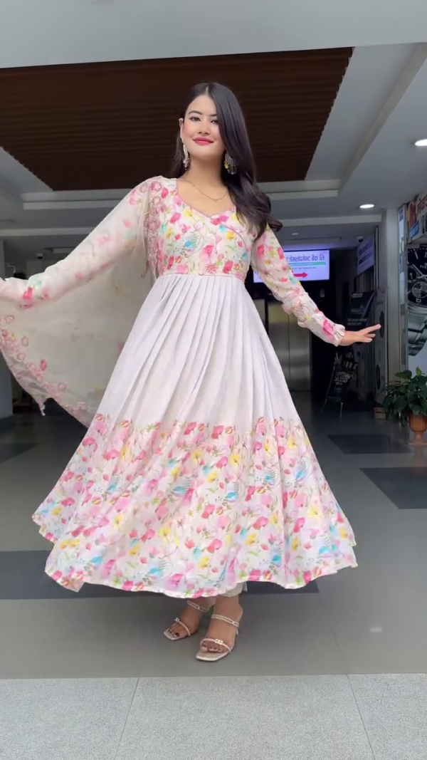 Floral Printed Anarkali Suit with Full Sleeves, Matching Dupatta, and Flared Hem – Ideal for Festive, Casual, or Traditional Occasions - Image 3