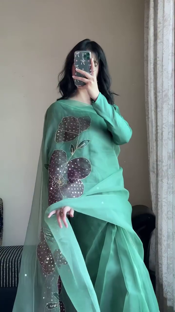 Pastel Green Organza Saree with Hand-Embroidered Floral Motif and Full-Sleeve Blouse – Lightweight Festive Wear for Women - Image 2