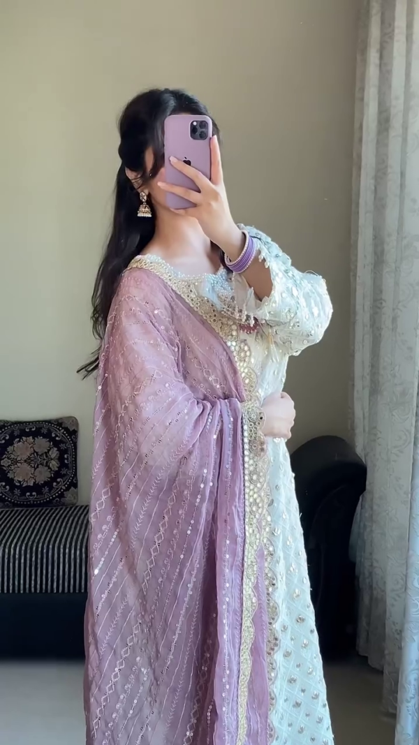 White Embroidered Formal Suit with Mirror Work Detailing, Paired with Contrasting Dupattas – Soft Lilac Net Dupatta and Rich Maroon Velvet Dupatta, Perfect for Festive and Traditional Occasions - Image 2
