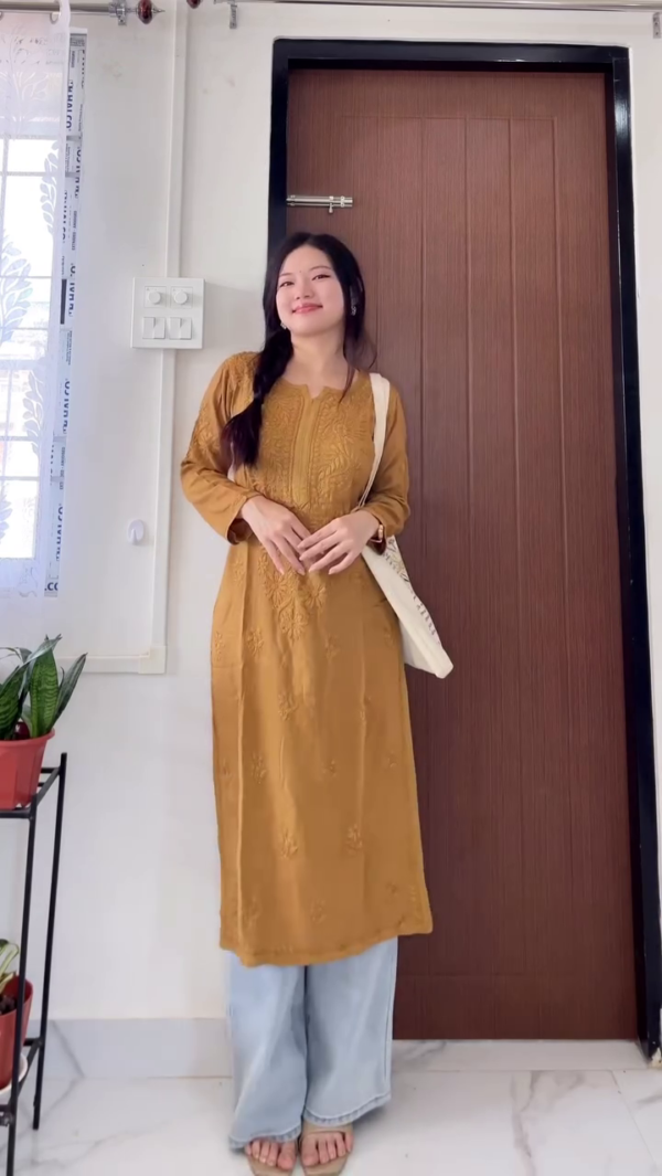 Women's Casual Cotton Embroidered & Printed Straight Kurtis with Three-Quarter Sleeves Paired with Wide-Leg Denim Jeans – Stylish Ethnic Indo-Western Fusion Wear for Everyday Comfort and Elegance - Image 3