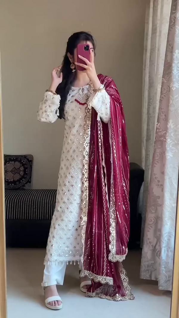 White Embroidered Formal Suit with Mirror Work Detailing, Paired with Contrasting Dupattas – Soft Lilac Net Dupatta and Rich Maroon Velvet Dupatta, Perfect for Festive and Traditional Occasions - Image 3