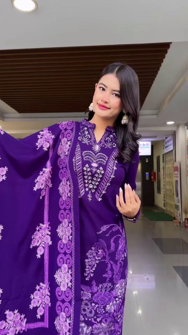 Deep Purple Embroidered Pakistani Style Salwar Kameez with Matching Dupatta – Traditional Ethnic Wear for Women Featuring Intricate Floral Thread Work and Stylish Straight-Cut Design - Image 3
