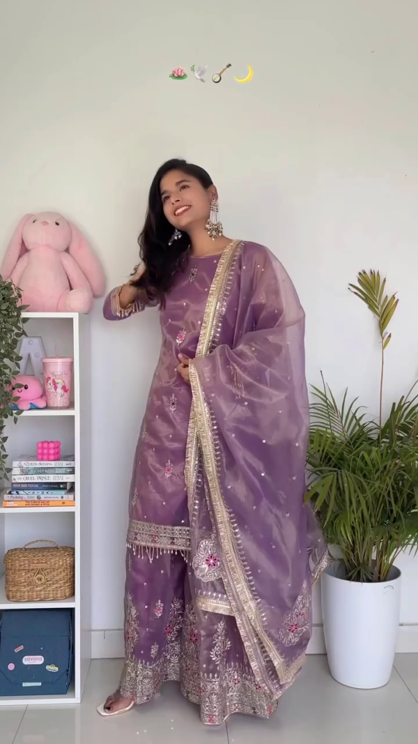 Elegant Traditional Women's Sharara Suit Set – Embroidered and Sequined Ethnic Wear In Multi designs Festive & Wedding Ready with Dupatta and Palazzo Pants - Image 3