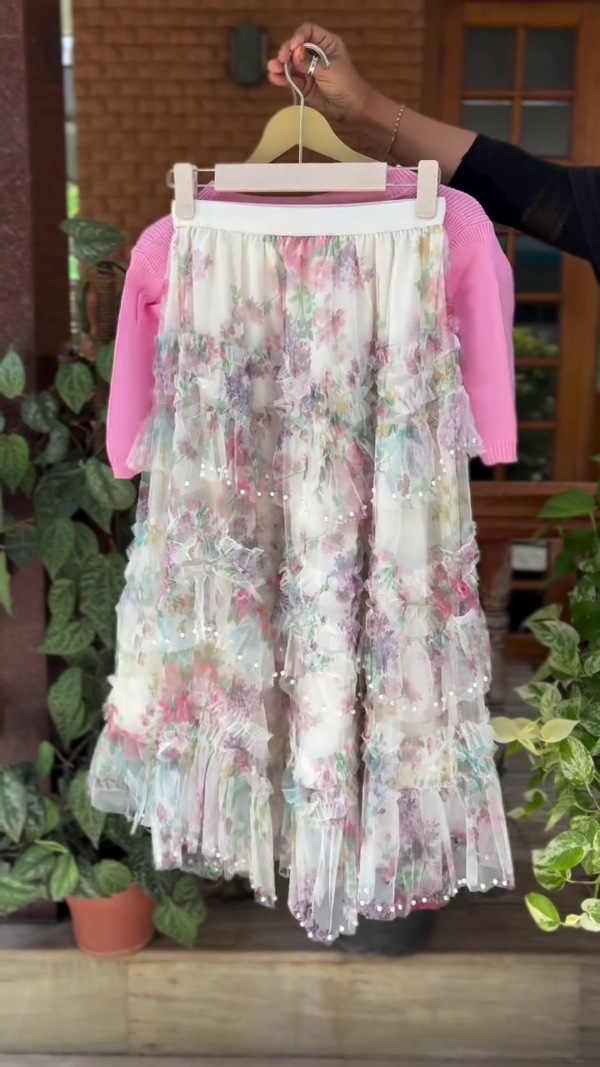 Charming Pink Ribbed Knit Crop Top with Glitter Heart Patch Paired with Pastel Floral Ruffled Net Skirt Embellished with Delicate Pearls – Ideal for Parties, Birthdays, and Casual Outings - Image 2