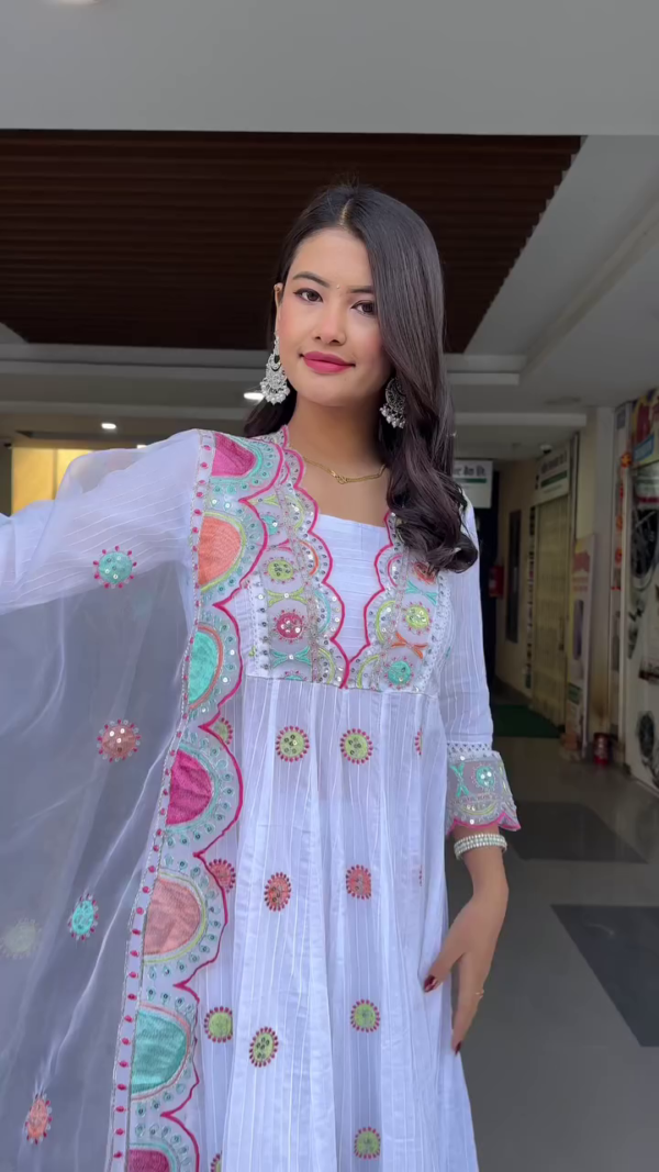 White Anarkali Style Suit Set with Vibrant Multicolor Mirror and Thread Embroidery, Paired with Matching Embellished Dupatta and Pants – Perfect for Festive and Ethnic Occasions - Image 3