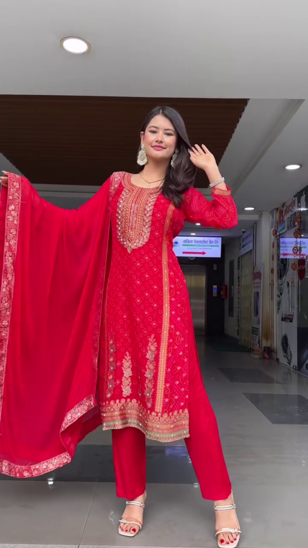 Light Peach Embroidered Kurta Set Featuring Delicate Sequin Work and Zari Detailing, Complemented by Straight Pants and a Flowing Chiffon Dupatta – Ideal Ethnic Outfit for Celebrations and Formal Events