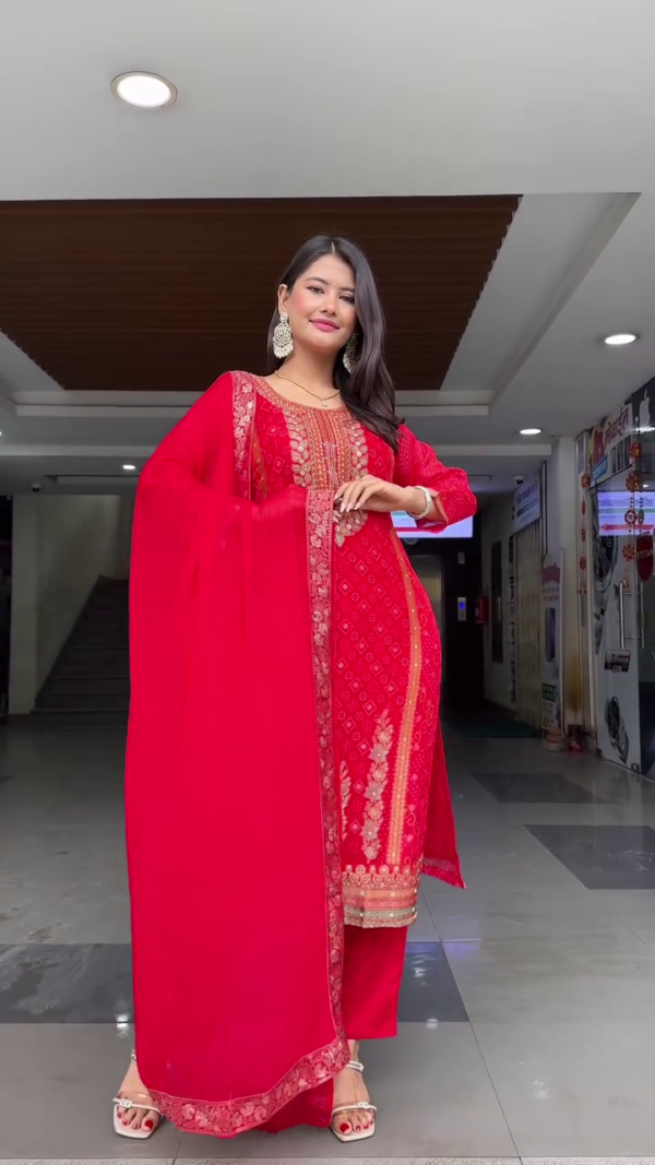 Light Peach Embroidered Kurta Set Featuring Delicate Sequin Work and Zari Detailing, Complemented by Straight Pants and a Flowing Chiffon Dupatta – Ideal Ethnic Outfit for Celebrations and Formal Events - Image 3
