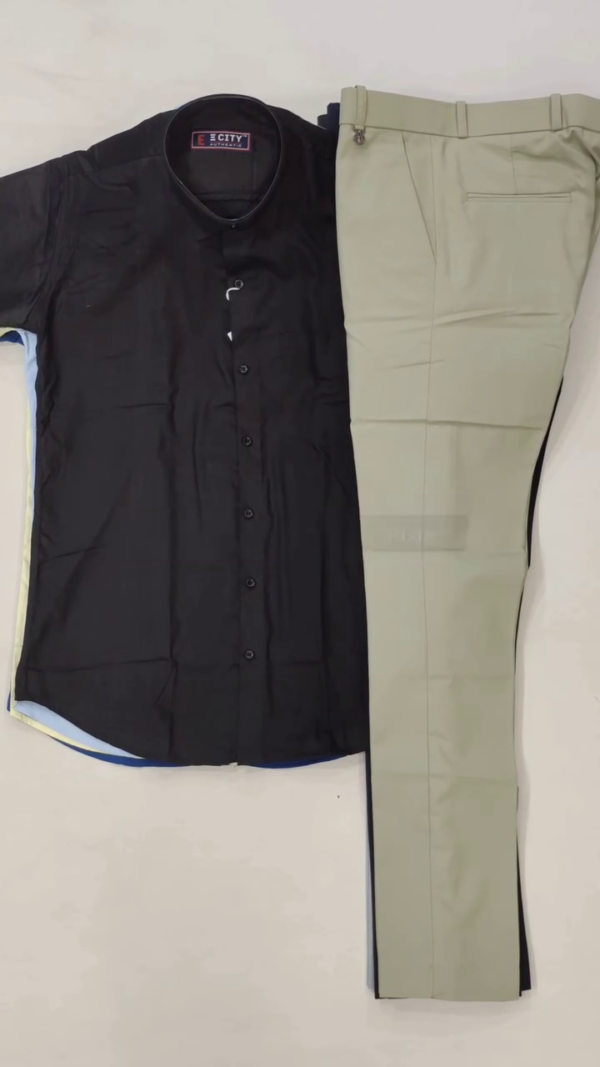 Elegant Short Sleeve Shirt and Trouser Combinations Featuring Black with Olive Green and Royal Blue with Light Gray for a Sharp, Sophisticated Look - Image 5