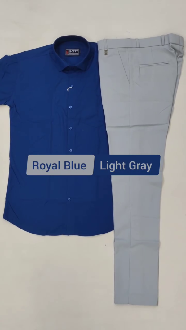 Elegant Short Sleeve Shirt and Trouser Combinations Featuring Black with Olive Green and Royal Blue with Light Gray for a Sharp, Sophisticated Look