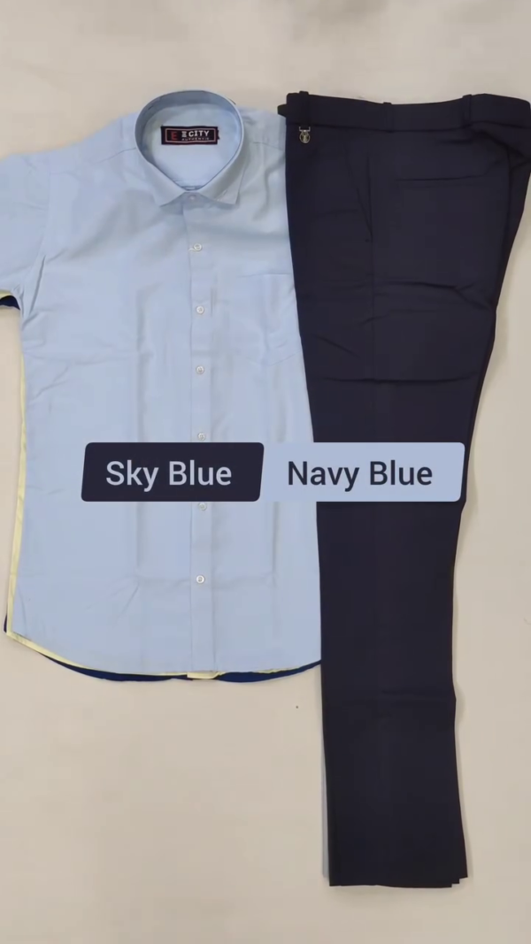 Elegant Short Sleeve Shirt and Trouser Combinations Featuring Black with Olive Green and Royal Blue with Light Gray for a Sharp, Sophisticated Look - Image 3
