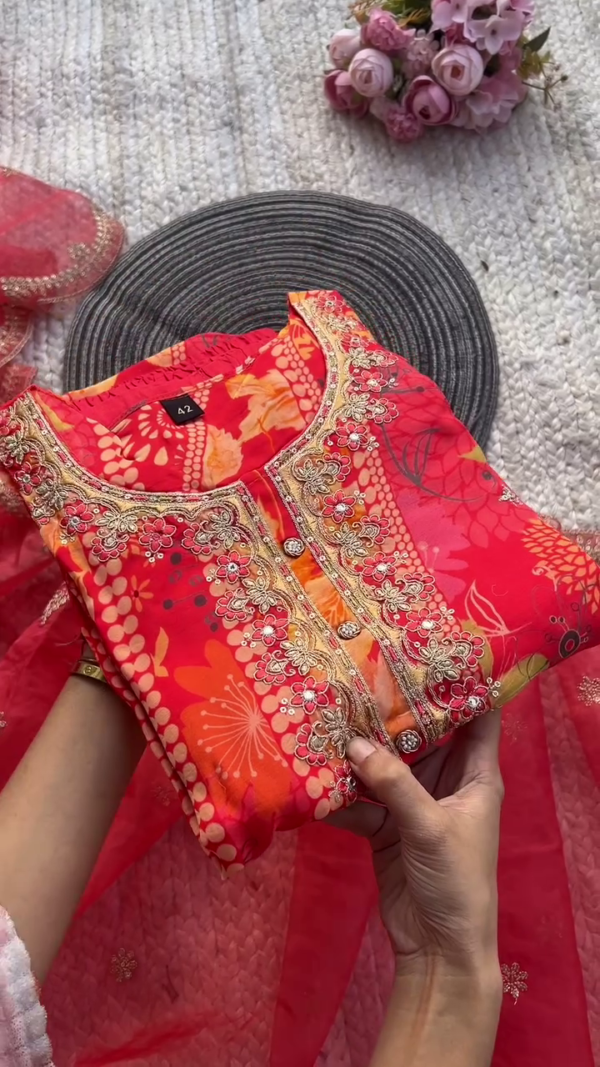Vibrant Red Bandhani-Style Kurta Set Featuring Intricate Gota Patti and Thread Embroidery on Neckline with Coordinated Sheer Dupatta – A Perfect Pick for Festive Occasions, Navratri, and Traditional Celebrations