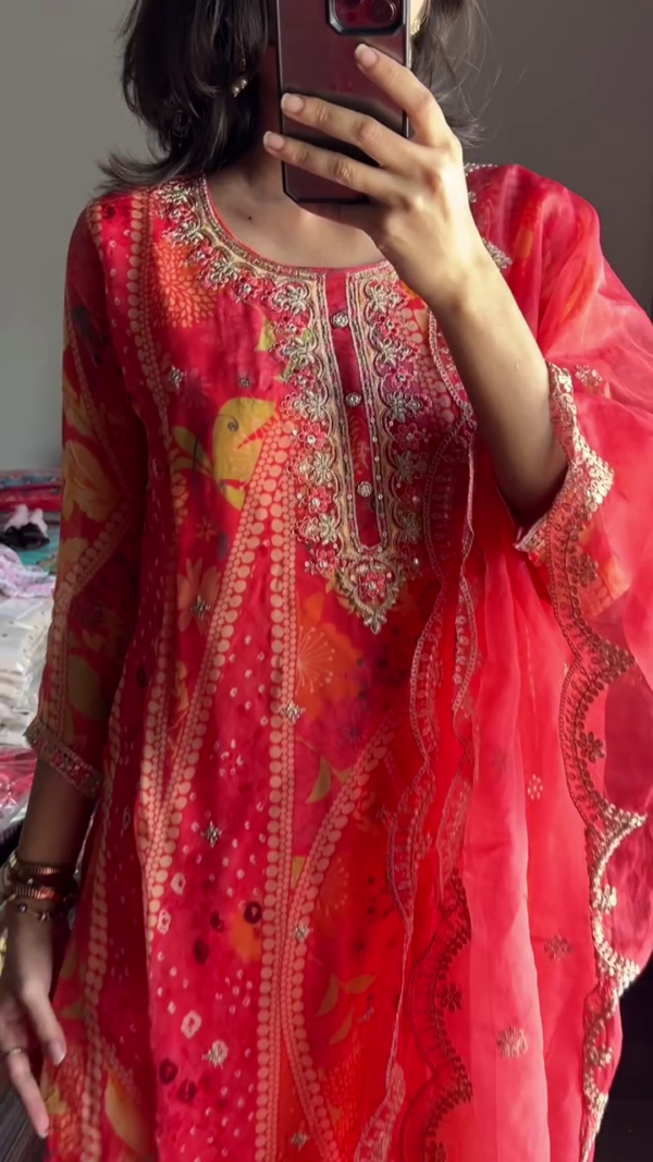 Vibrant Red Bandhani-Style Kurta Set Featuring Intricate Gota Patti and Thread Embroidery on Neckline with Coordinated Sheer Dupatta – A Perfect Pick for Festive Occasions, Navratri, and Traditional Celebrations - Image 2