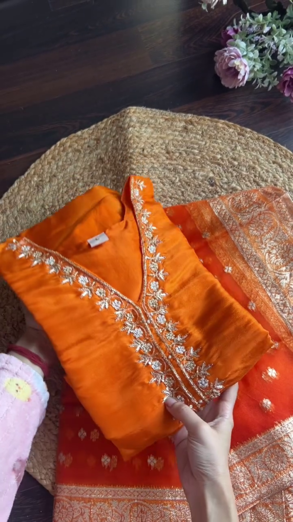 Elegant Orange Traditional Indian Ethnic Suit Set for Women Featuring Intricate Embroidery on Kurta with Gold Polka Dot Organza Dupatta – Festive and Wedding Wear Salwar Kameez Ensemble