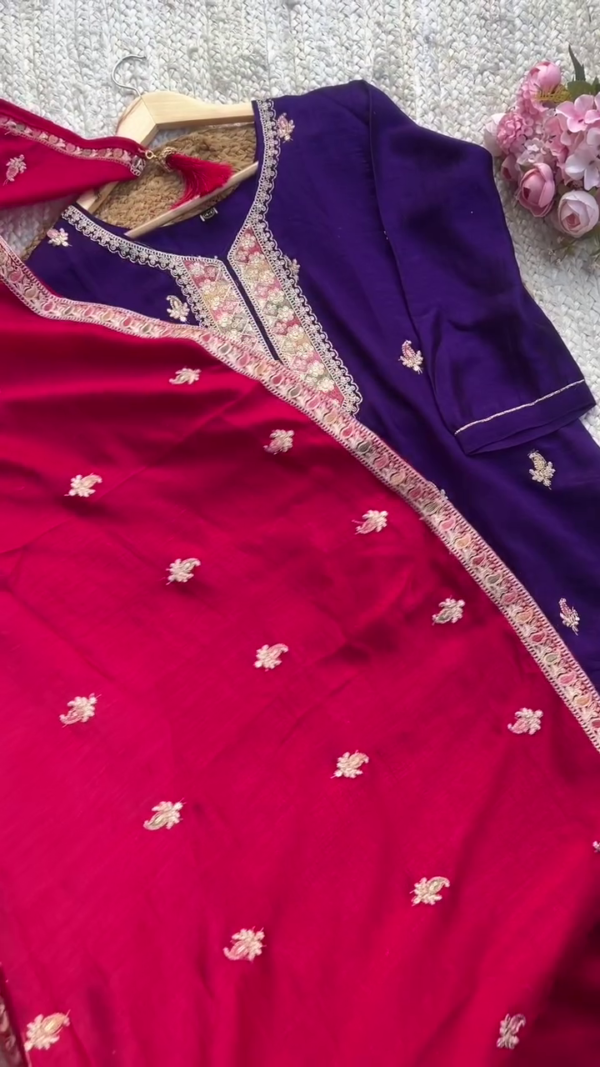 Graceful Purple and Pink Ethnic Suit Set for Women with Detailed Thread Embroidery and Tassel Accents – Traditional Indian Salwar Kameez with Elegant Contrast Dupatta – Perfect for Festive, Party, and Wedding Occasions - Image 2