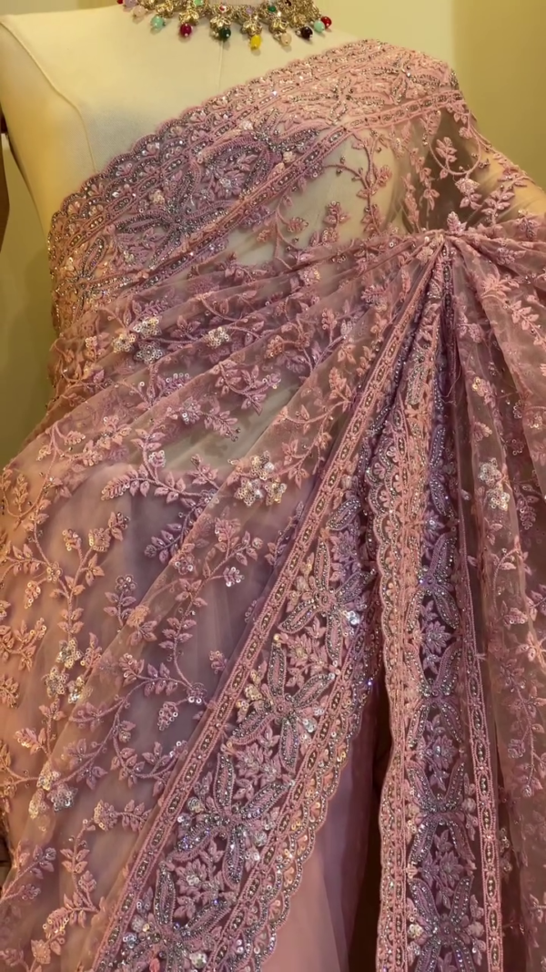 Lavender Net Embroidered Saree with Intricate Sequin and Thread Work, Designer Lace Border and Sheer Floral Pallu – Perfect for Weddings, Parties, and Festive Occasions - Image 2