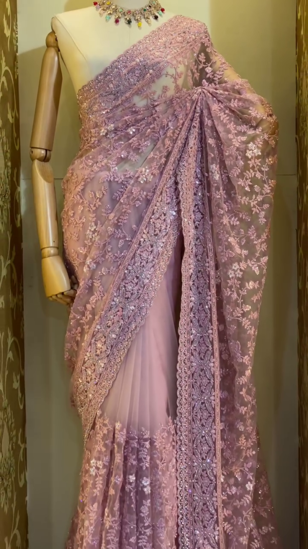 Lavender Net Embroidered Saree with Intricate Sequin and Thread Work, Designer Lace Border and Sheer Floral Pallu – Perfect for Weddings, Parties, and Festive Occasions