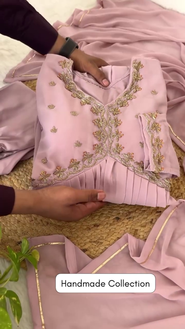 Elegant Handmade Mauve Kurta Set Featuring Delicate Golden Embroidery on Neckline and Sleeves, Paired with Matching Elasticated Pants and Dupatta – A Graceful Outfit for Traditional Celebrations, Special Occasions, and Ethnic Events