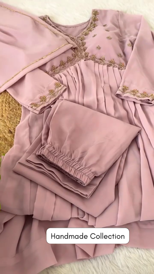 Elegant Handmade Mauve Kurta Set Featuring Delicate Golden Embroidery on Neckline and Sleeves, Paired with Matching Elasticated Pants and Dupatta – A Graceful Outfit for Traditional Celebrations, Special Occasions, and Ethnic Events - Image 2