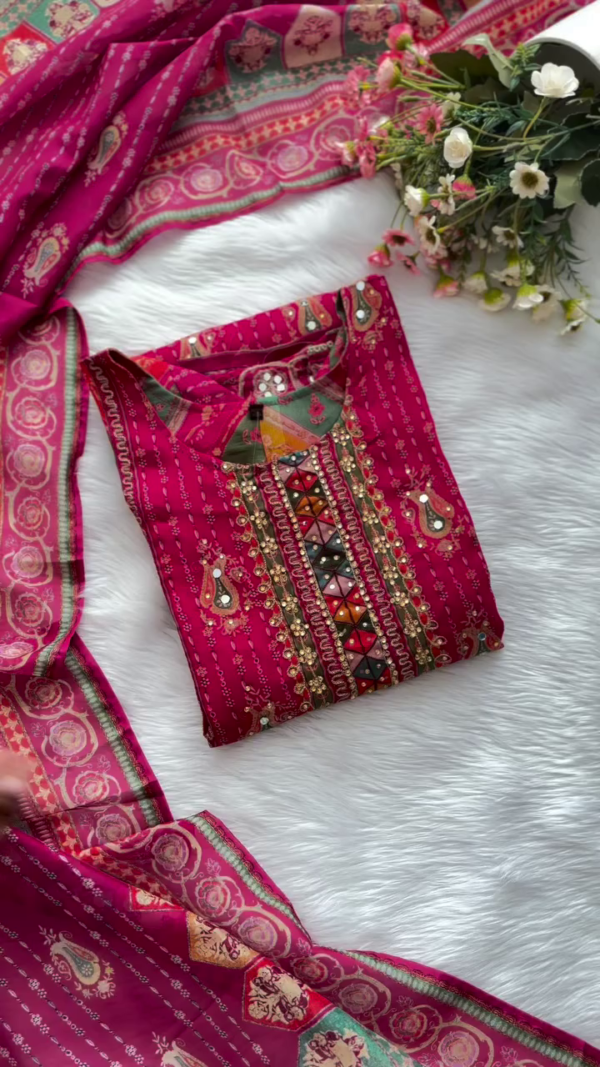 Traditional Fuchsia Pink 3-Piece Embroidered Suit Set with Mirror Work, Printed Lawn Shirt, Colorful Neckline Detailing, Matching Printed Dupatta, and Solid Dyed Trouser – Ideal for Festive and Casual Wear