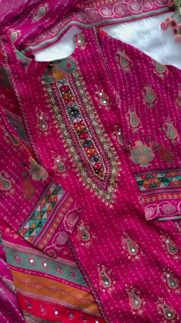 Traditional Fuchsia Pink 3-Piece Embroidered Suit Set with Mirror Work, Printed Lawn Shirt, Colorful Neckline Detailing, Matching Printed Dupatta, and Solid Dyed Trouser – Ideal for Festive and Casual Wear - Image 2