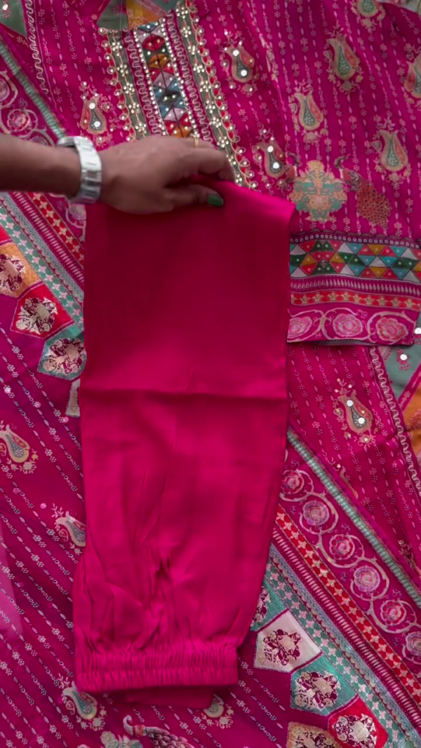 Traditional Fuchsia Pink 3-Piece Embroidered Suit Set with Mirror Work, Printed Lawn Shirt, Colorful Neckline Detailing, Matching Printed Dupatta, and Solid Dyed Trouser – Ideal for Festive and Casual Wear - Image 3