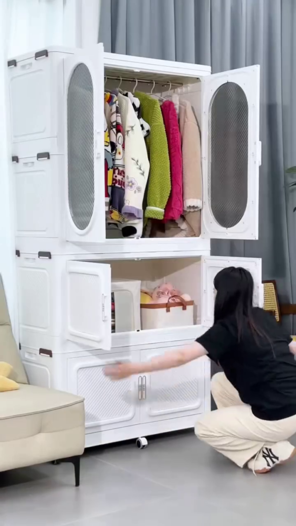 Modular Multi-Layer Plastic Storage Cabinet with Transparent Doors, Stackable Design, Lockable Wheels, and Spacious Compartments for Clothes, Bedding, and Household Organization – Easy Assembly Wardrobe Closet for Home or Apartment Use - Image 3
