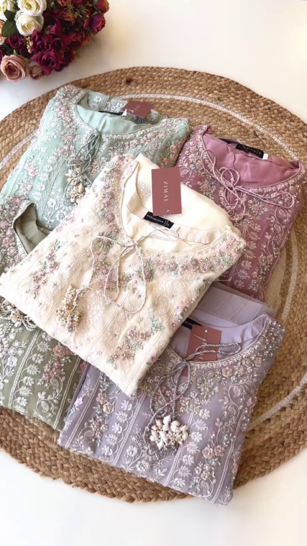 Premium Hand-Embroidered Pakistani Style Straight-Cut Kurti with Intricate Floral Threadwork, Delicate Tassels & Matching Dupatta – Soft Pastel Shades for Festive & Casual Wear