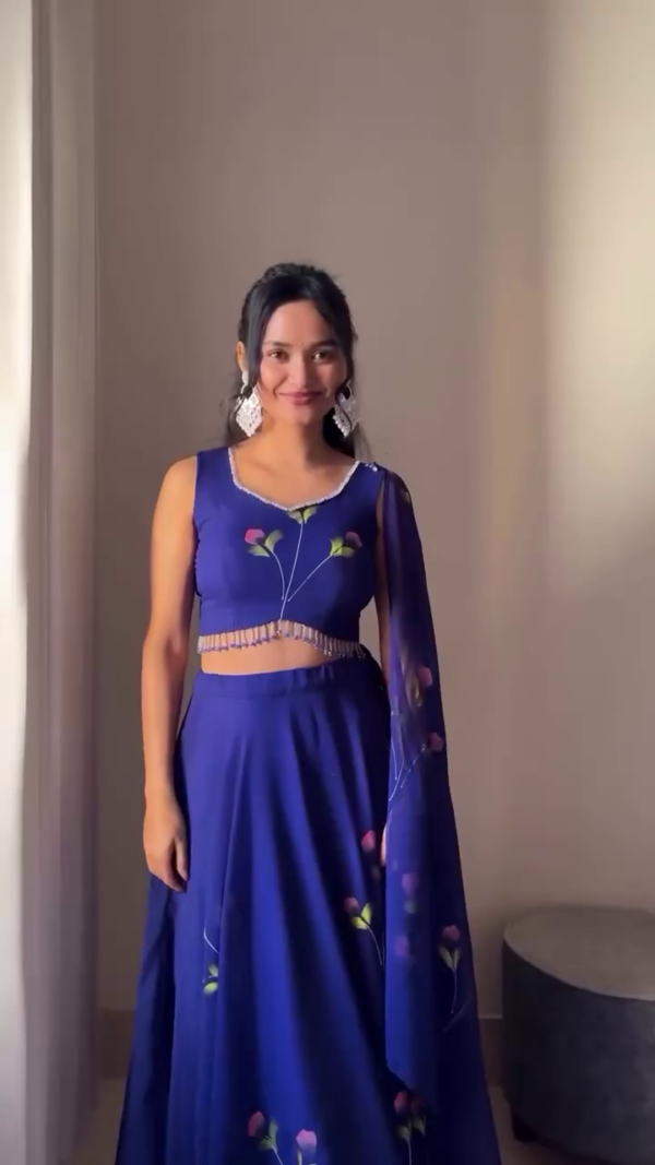 Navy Blue Floral Printed Georgette Crop Top Lehenga Set with Dupatta and Mirror Lace Detailing for Festive and Wedding Wear - Image 2
