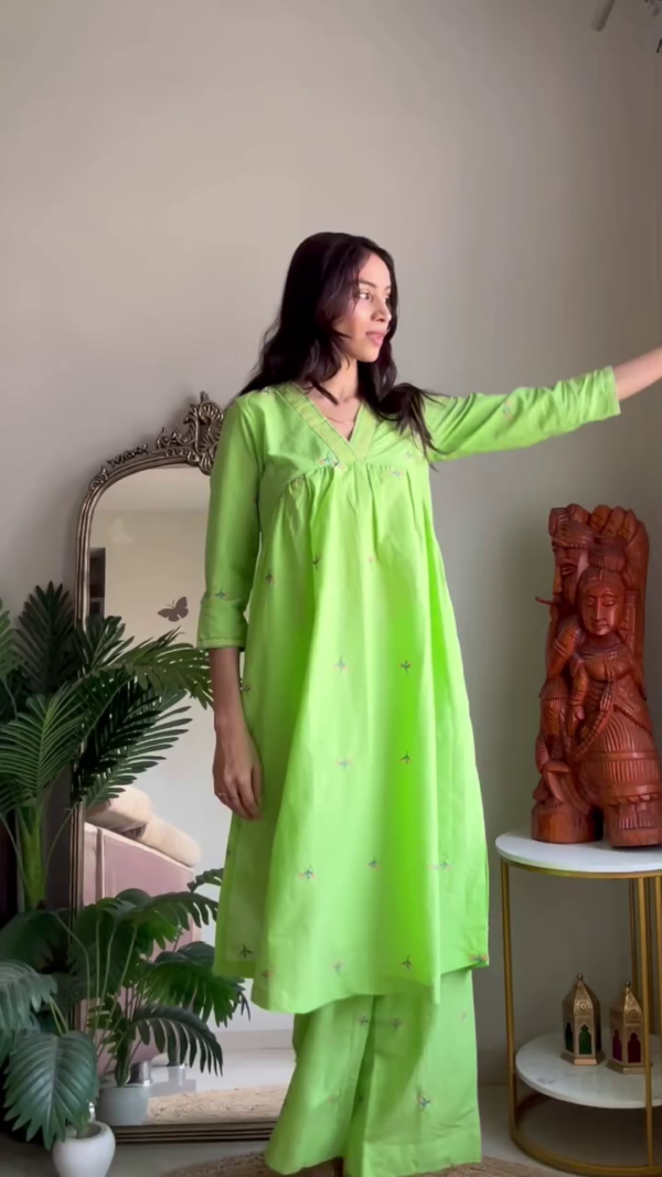 Dual Kurta Set Combo Featuring a Refreshing Cotton with Subtle Embroidery and Matching Pants, Paired with a Serene Floral Printed Kurta Set Accentuated with Delicate Lace Details and Coordinated Bottoms – Perfect for Everyday Elegance and Breezy Ethnic Charm