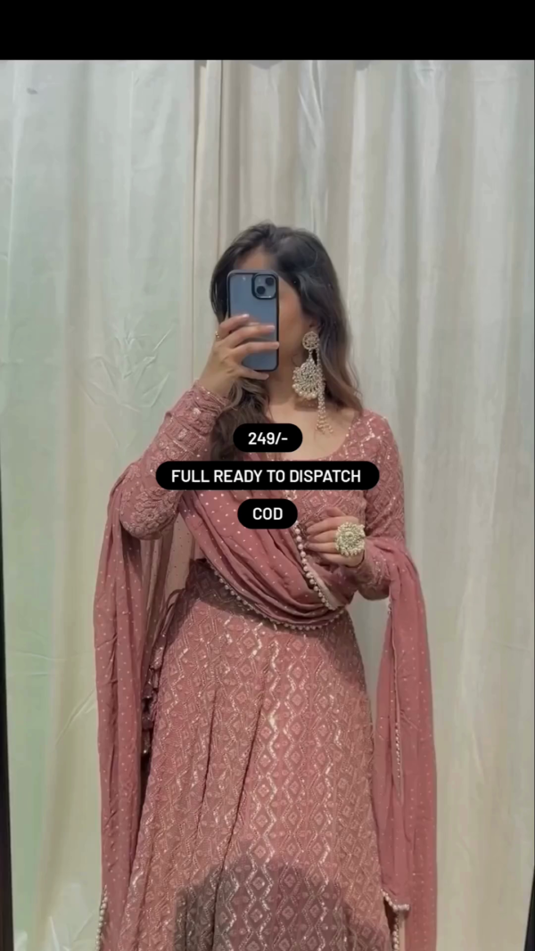 Dusty Rose Embroidered Georgette Lehenga Choli Set with Mirror Work Detailing, Full Sleeves, Matching Dupatta, and Traditional Accessories – Perfect for Weddings and Festive Occasions - Image 2