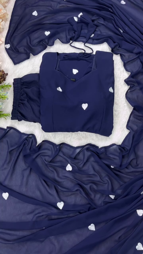 Navy Blue Georgette Anarkali Style Kurta Set Featuring White Heart Prints, Puff Sleeves, Tie-Up Back Detail and Matching Solid Bottom – Elegant and Playful Ethnic Ensemble for Festive or Casual Occasions