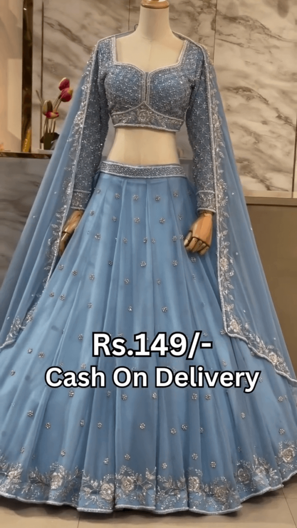 Sky Blue Embroidered Lehenga Choli Set Featuring Intricate Silver Thread and Sequin Work on Net Fabric with Full Sleeves and Matching Dupatta – Ideal for Weddings, Festive Celebrations, and Special Occasions
