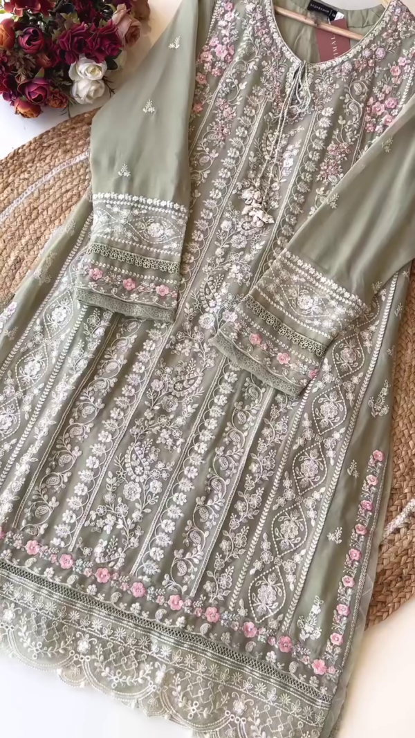 Premium Hand-Embroidered Pakistani Style Straight-Cut Kurti with Intricate Floral Threadwork, Delicate Tassels & Matching Dupatta – Soft Pastel Shades for Festive & Casual Wear - Image 2