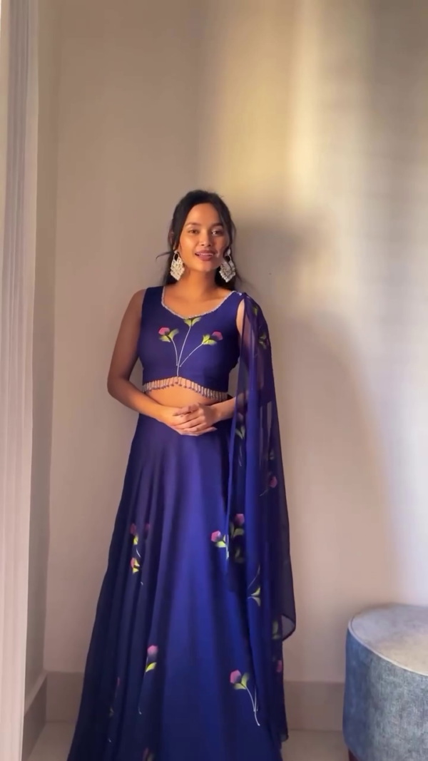 Navy Blue Floral Printed Georgette Crop Top Lehenga Set with Dupatta and Mirror Lace Detailing for Festive and Wedding Wear