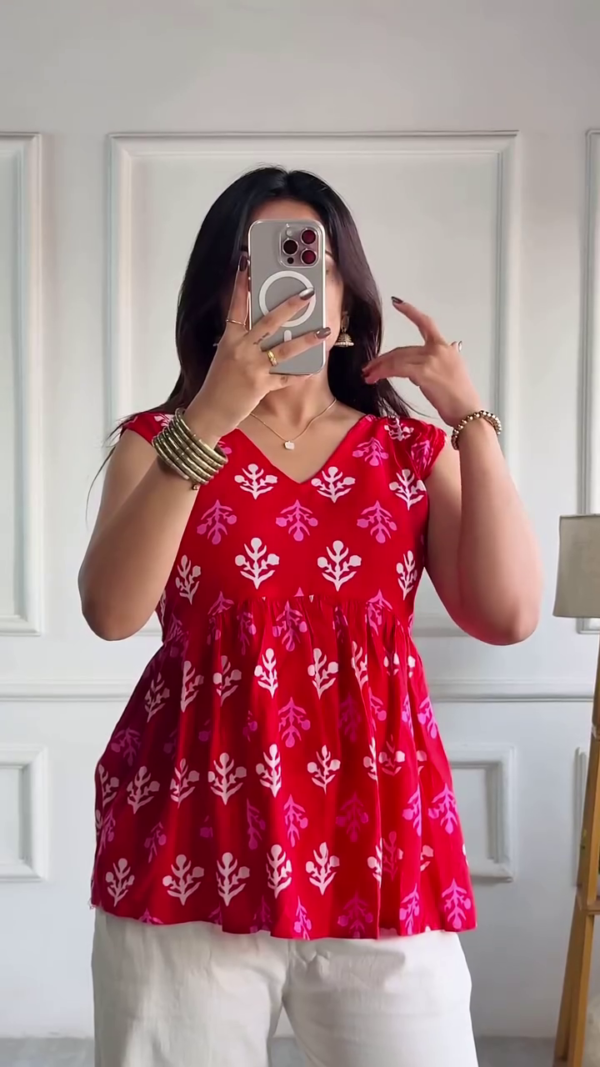 Trendy Cotton Printed Sleeveless Camisole Top and Elegant Floral V-Neck Peplum Kurti Style Short Top for Women – Comfortable Daily Wear Ethnic Fusion Tops - Image 2
