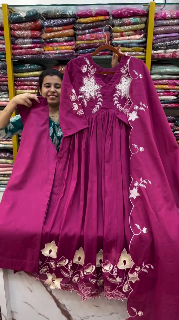 Magenta Anarkali Kurta Set with Intricate White Floral Thread Embroidery, Matching Dupatta, and Coordinated Bottom – Perfect for Festive and Traditional Occasions - Image 2