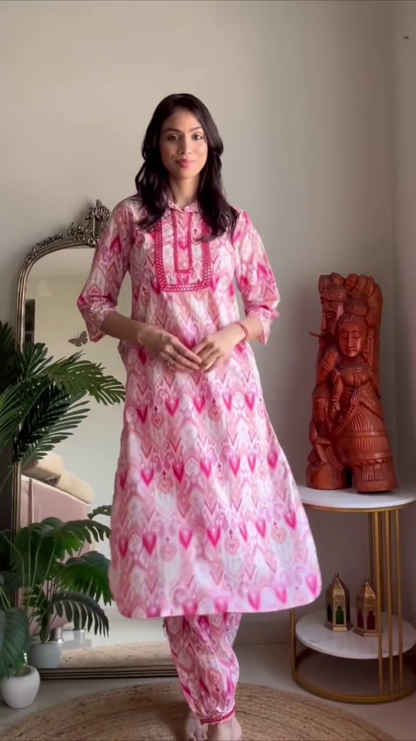 Dual Kurta Set Combo Featuring a Refreshing Cotton with Subtle Embroidery and Matching Pants, Paired with a Serene Floral Printed Kurta Set Accentuated with Delicate Lace Details and Coordinated Bottoms – Perfect for Everyday Elegance and Breezy Ethnic Charm - Image 2