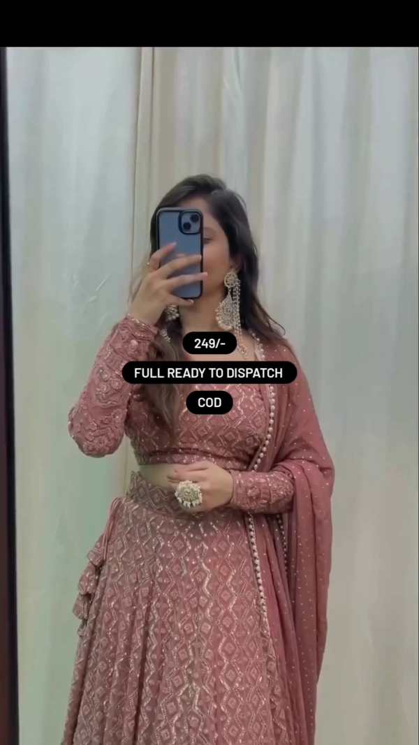Dusty Rose Embroidered Georgette Lehenga Choli Set with Mirror Work Detailing, Full Sleeves, Matching Dupatta, and Traditional Accessories – Perfect for Weddings and Festive Occasions