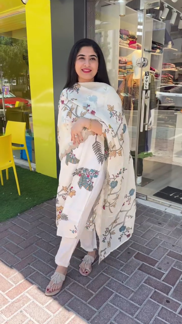Off-White Cotton Kurta Set with Colorful Floral Embroidery, Paired with Matching Printed Dupatta and Straight Pants – Perfect for Casual Outings, Day Events, and Summer Festive Wear