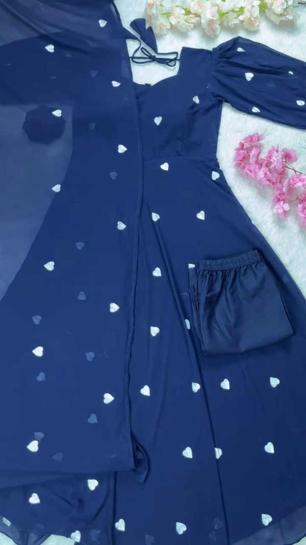 Navy Blue Georgette Anarkali Style Kurta Set Featuring White Heart Prints, Puff Sleeves, Tie-Up Back Detail and Matching Solid Bottom – Elegant and Playful Ethnic Ensemble for Festive or Casual Occasions - Image 2