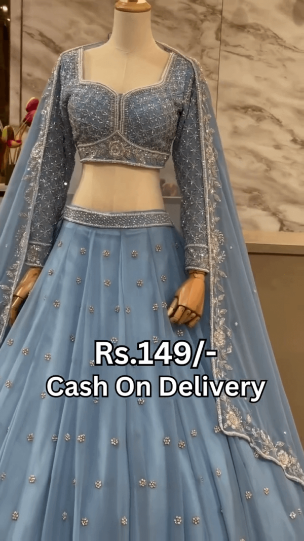 Sky Blue Embroidered Lehenga Choli Set Featuring Intricate Silver Thread and Sequin Work on Net Fabric with Full Sleeves and Matching Dupatta – Ideal for Weddings, Festive Celebrations, and Special Occasions - Image 2