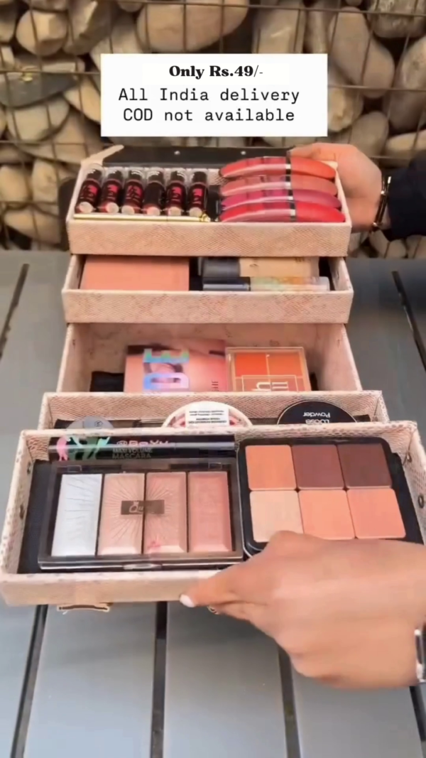Multi-Layer Makeup Storage Box with Assorted Lipsticks, Eyeshadow Palettes, Highlighters, Loose Powder, and Blush – Compact and Stylish All-in-One Cosmetic Organizer with All India Delivery - Image 2