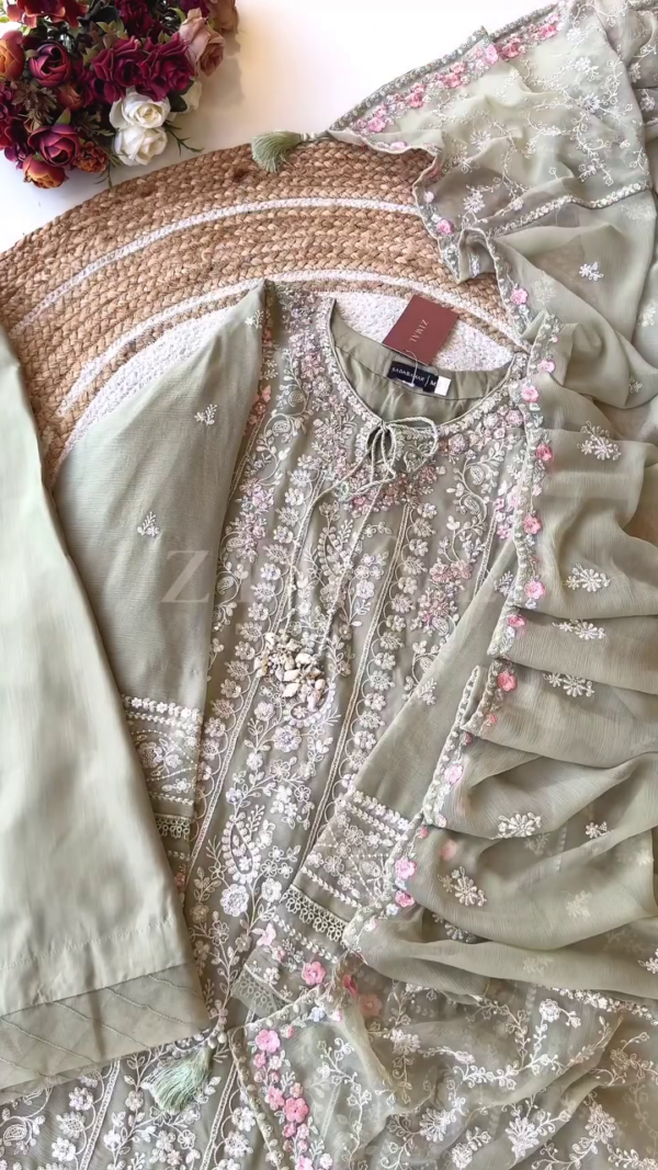 Premium Hand-Embroidered Pakistani Style Straight-Cut Kurti with Intricate Floral Threadwork, Delicate Tassels & Matching Dupatta – Soft Pastel Shades for Festive & Casual Wear - Image 3