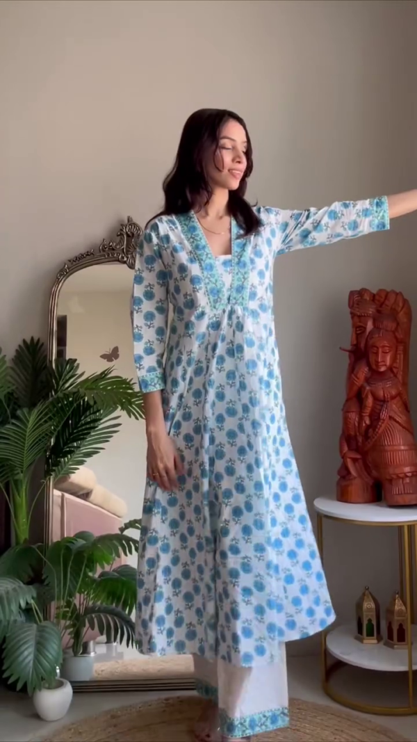 Dual Kurta Set Combo Featuring a Refreshing Cotton with Subtle Embroidery and Matching Pants, Paired with a Serene Floral Printed Kurta Set Accentuated with Delicate Lace Details and Coordinated Bottoms – Perfect for Everyday Elegance and Breezy Ethnic Charm - Image 3
