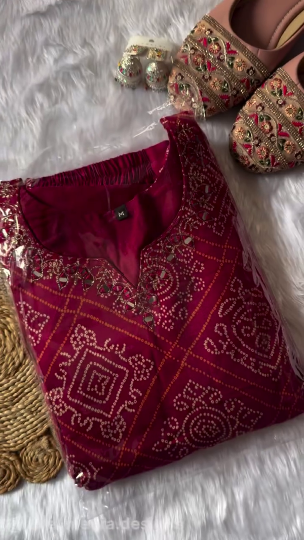 Pure Cotton Maroon Bandhani Printed Straight Kurta Set with Mirror Work Neck Detailing and Matching Bottom – Traditional Ethnic Ensemble Perfect for Festive and Casual Wear