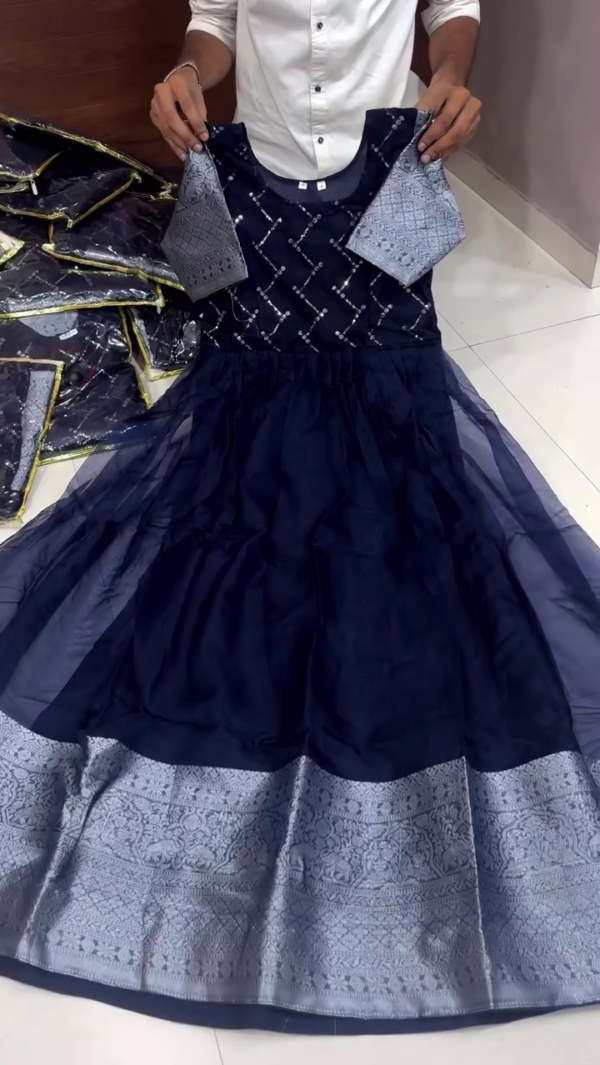 Designer Party Wear Gowns for Women and Girls – Premium Net and Silk Blend Fabric with Embroidered and Brocade Work, Includes Matching Sleeves and Stylish Belt – Perfect for Weddings, Festive Celebrations, and Special Occasions