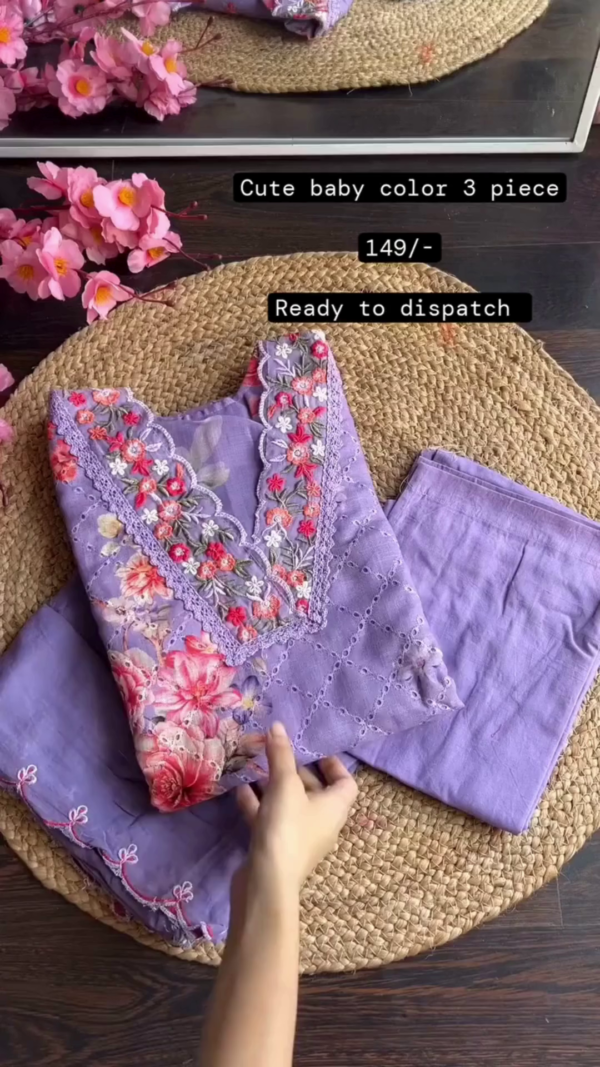 Lavender Baby Color Floral Embroidered Cotton 3-Piece Suit Set with Delicate Neck Detailing, Matching Printed Dupatta, and Soft Pastel Aesthetic – Ideal for Casual Outings and Summer Comfort