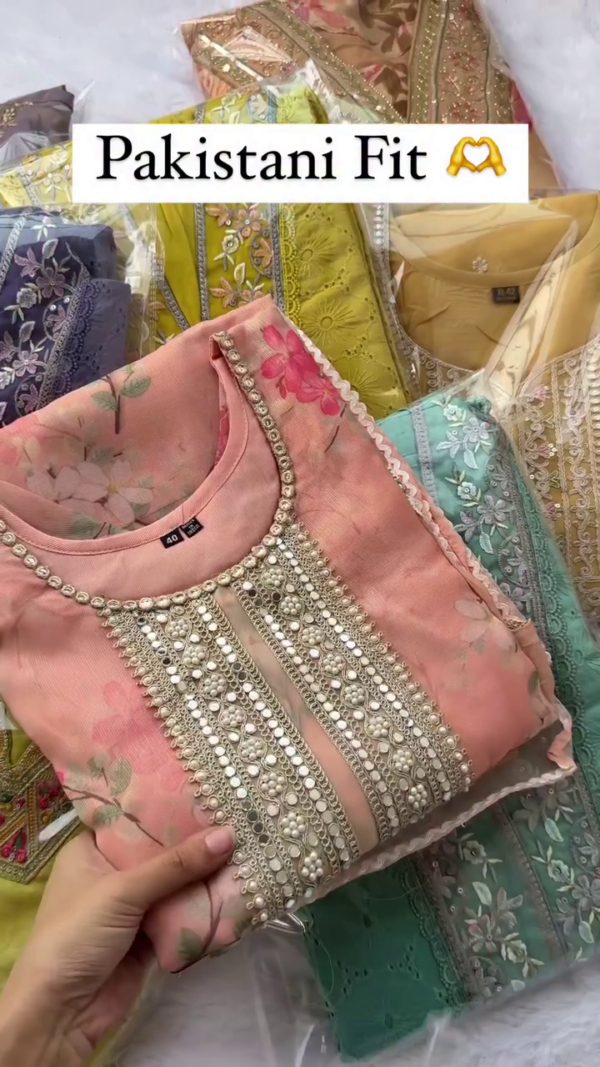 Embroidered Pakistani Style Peach Floral Suit Set with Pearl and Mirror Work Detailing, Delicate Lace Borders, and Coordinated Bottom – Elegant Festive and Ethnic Wear for Women